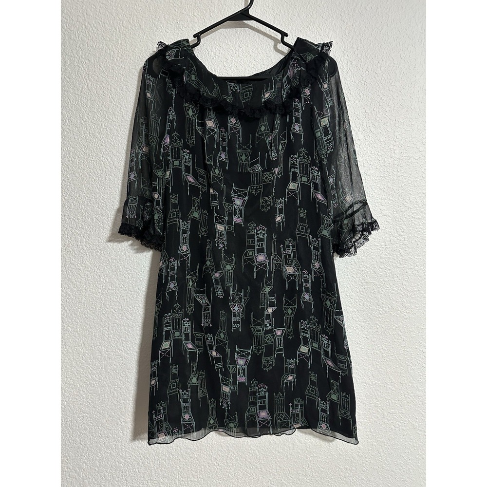 Anna Sui Anthropologie Sheer Printed Mini Dress Size‎ 0 Black Lace Trim Boho